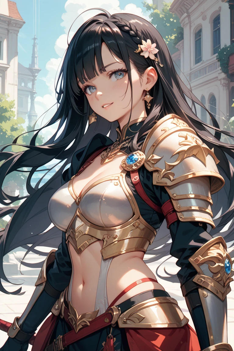 (masterpiece), best quality, expressive eyes, perfect face, gold and crimson armor, closed smile, athletic body, lace microkini, exposed midriff, cleavage, fishnets, watercolor, fire background, tattoo