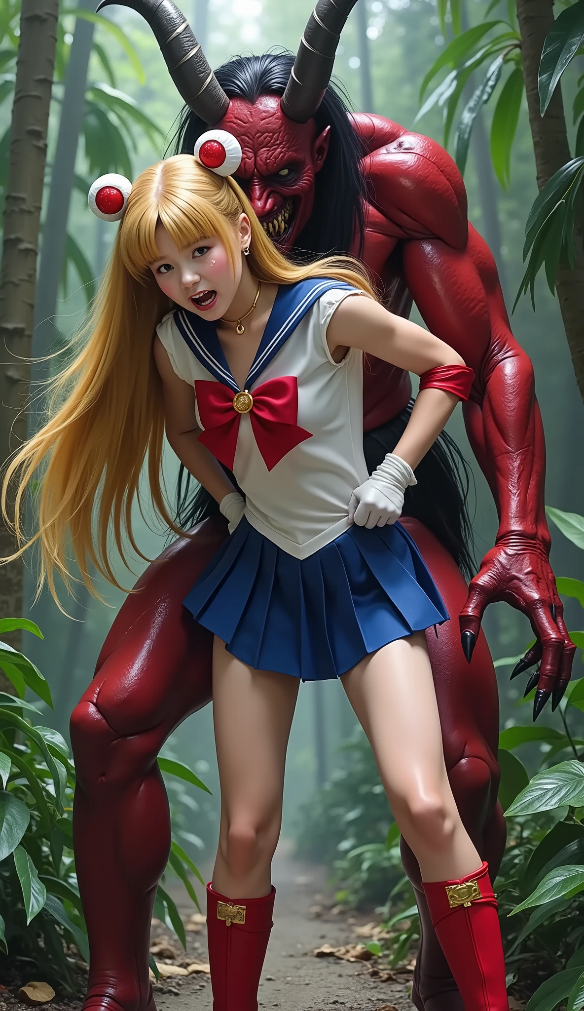 Hyperrealism, masterpiece, highest quality, A young Japanese woman is bending down and hugging from behind by a devil, ((she is crying and screaming in pain)), tears from her eyes, painful face, she is wearing a Sailor Moon costume, Blue sailor collar, Blue short mini pleated skirt, she is wearing a very short blue mini pleated skirt, (upskirt:1.8), Long white gloves, shiny beige color pantyhose, Exposed thighs, red long boots, big choker, long blonde Hair, a devil is standing sexual assault her from behind, the devil is hugging her tightly and push his private part into her skirt, in the jungle,