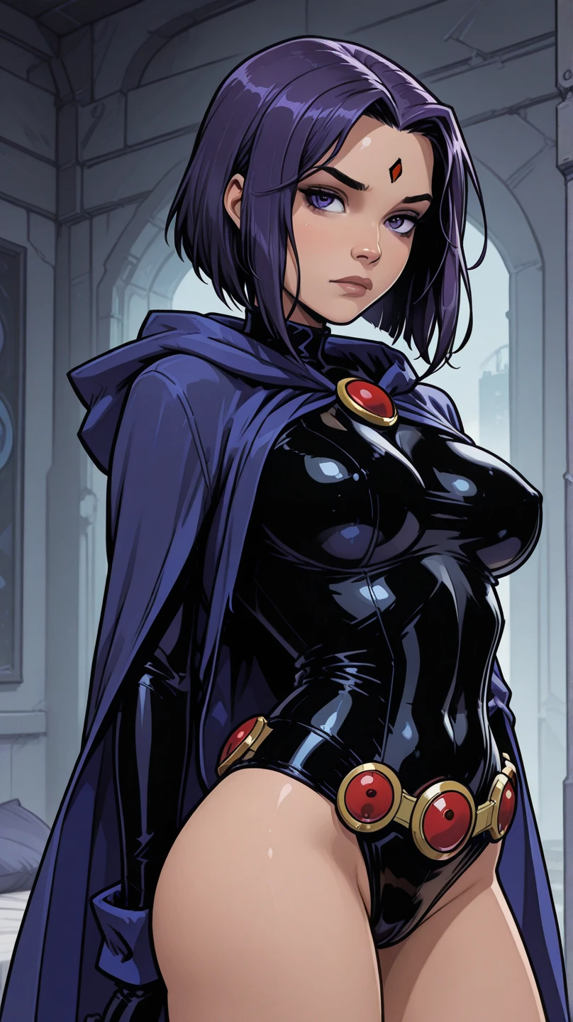 masterpiece,Raven ,Raven suit ,best quality,cape , long sleeves, blue gloves, red belt, gigantic breasts,muscle,in dungeon, looking at viewer, cowboy shot,black hair, seductive smile,one hand she was squeezing her own breast, curvy, blue eyes,a female tyrant with a penchant for torture,fog,drenched in sweat,pink cheeks,shiny suit

