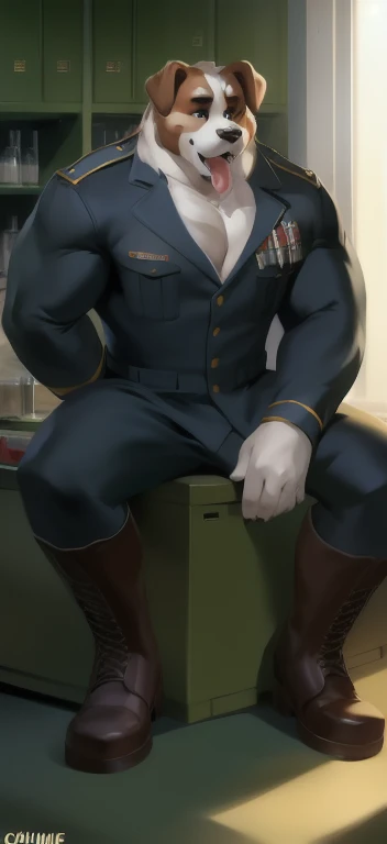 {{bara extremely handsome white tiger,}} {{white fur,}} white, wearing military like purple trench coat, purple trousers, white dress shirt and necktie, white fluffy furry body and limbs, loafers, very tall, very broad shoulders, narrow waist, muscular arms, massive pecs, purple eyes, very long legs, sitting on swivel chair with legs spread, massive bulge, reading file, sophisticated hot look, full body, sunlight casting over, 3/4 view, best quality, high quality, silver earring on left ear, sultry smirk