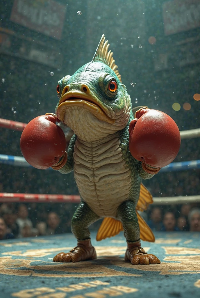 an photograph of an anthropomorphic tree frog wearing blue boxing gloves and red trunks shows it's skills standing tall in the boxing ring, very lanky, high angle shot, bubbles vfx, green-skinned frog body, Professional, masterpiece, commissioned, best quality, Color Corrected[:, cinematic lighting, CHV3CReptile:.30]