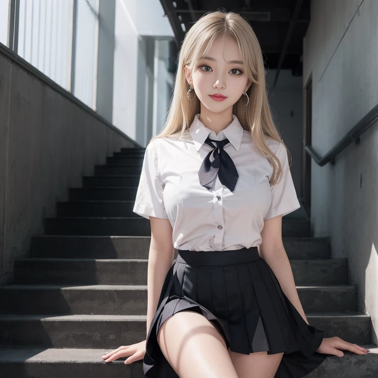 there is a woman sitting on a bench wearing a tie, aluna hiperrealista, uma aluna hiperrealista, Estudante realista, Cyber Escola Menina, menina anime sedutora, photorealistic anime girl rendering, Estudante bonito, Anime Garota Cosplay, menina anime atraente, menina da escola, menina bonita do anime high school, Tifa Lockhart com cabelos brancos, menina anime jovem realista,  master part, superdeformado, corpo inteiro: 1.2, ultra high-resolution, Foto RAW, master part, ultra detalhado, 8k, cabelo completo e detalhado, Altas, best quality, ultra high-resolution, rosto e olhos ultra detalhados, (fotorrealista:1.4), Olhando para o Viewer, sorridente, fofo,  (ray tracing:1.4), (pernas longas:1.4), best quality , master part, quadril grande, Totalmente facial detalhado, Beautiful, ((muito detalhado do cabelo )) , (((18 anos))), thin lips, olhos grandes, Altas, Seduzir, olhos azuis , cintura fina, 8k, 16k, Altas,