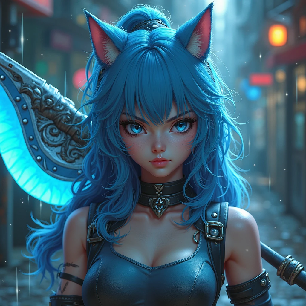 Anime girl with blue hair and horns on a street, 3D realistic anime, 2. 5 d cgi anime fantasy artwork, anime style 3d, anime style. 8k, 4k anime style, 3d style realistic anime, deviantart artstation cgscosiety, digital anime art, guweiz style art art, detailed digital anime art, white shirt, dragon wings