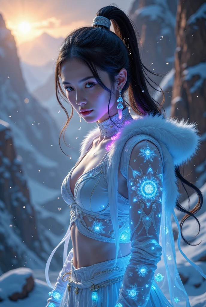 {Lucy Liu, linda, corpo inteiro perfeito, neve, frio, cachecol, toca, aurora boreal.