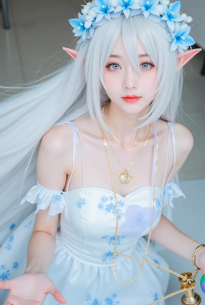 anime、Cute Elf、Silver Hair　、Beautiful eyes、Her chest is a D cup　The background is a flower field