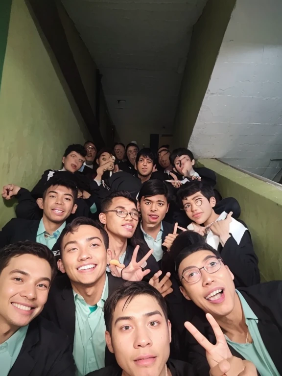 there are many people sitting together in a room with one giving the thumbs up, group photo, captured on iphone, picture, desaturated!!, blurred photo, selfie photo, hard lighting!, josan gonzales!!!, album photo, profile picture, with young jedi army behind him, taken on iphone 13 pro, high quality photo, 8k selfie photograph, 8k!!!!!