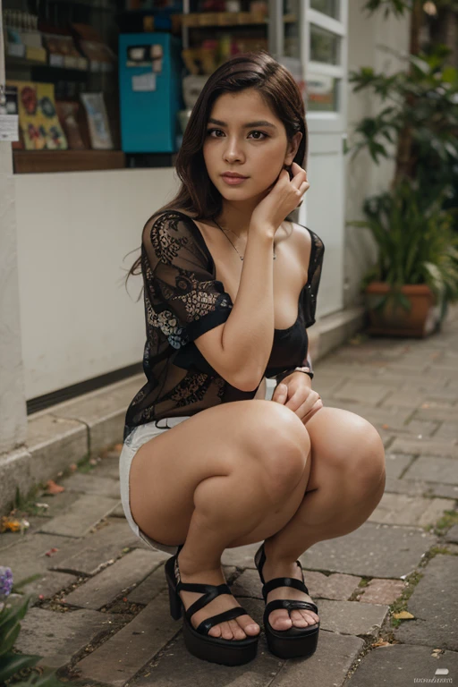 Wanita dewasa sedang ditengah hujan, bertato malaikat di dada, memakai rok mini, visual realistic