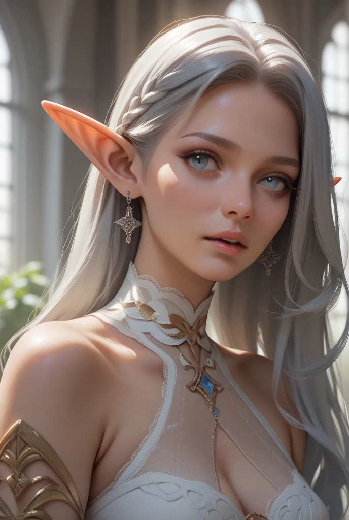 Abstract style hauntingly ethereal portrait of a mysterious figure draped in translucent fabric, crystals adorning their hair, amidst a dreamlike swirl of pastel hues and soft light, evoking a sense of calm serenity and elusive beauty, high detail, award winning masterpiece with incredible details . Non-representational, colors and shapes, expression of feelings, imaginative, highly detailed, elf