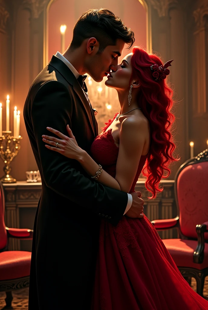 A man kneeling to a femme fatale like a goddess with red hair and dress bejeweled with red rubies
