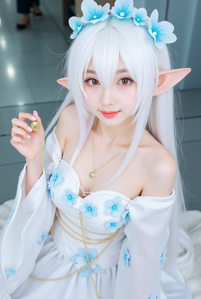 High resolution, 8K Ultra HD, ((ink and painting)),J((one girl elf)), Japanese udon restaurant. A black-haired elf wearing a sailor suit. An elf is eating, very wide udon served in a very small colander. There is nothing in the colander except white udon.