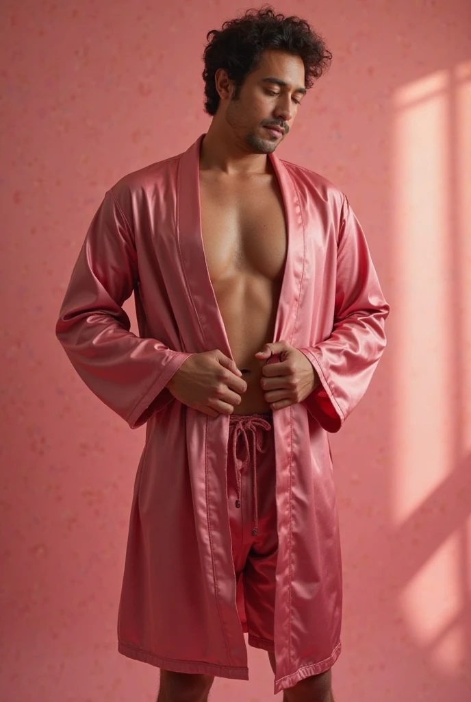 (best quality,4k,8k,highres,masterpiece:1.2),ultra-detailed,(realistic,photorealistic,photo-realistic:1.37),korean male model,man wearing a vibrant red robe,strikingly handsome face,well-defined features,soulful eyes,attractive young man,fit and muscular physique,sweat droplets glistening on his forehead,pink robe flowing gracefully,exquisite details on the robe,,confident posture,aura of elegance and power,majestic background setting with a touch of mystique,golden sunlight casting a warm glow,rich and vivid colors,meticulous attention to lighting and shading,creating a captivating ambiance,the sense of passion and sensuality,overall composition reflecting the essence of youth and masculinity,erection, big penis