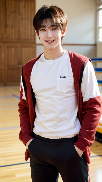 Japanese men、、Well-developed muscles and smooth skin、Pale blonde hair like Bakugou, but with a pointy cheek.、He laughed fearlessly, showing his teeth.、Pale red boxer briefs、The whole body is visible from toes to head、Changing clothes in the classroom、A smile that suggests strong will