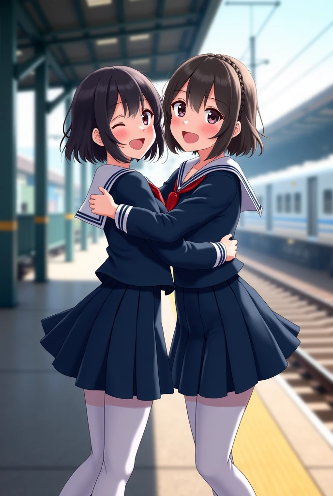 highest quality、High resolution、detailed background、beautiful and detailed face、beautiful and smooth skin、skin texture、professional lighting、Beautiful teenage girl、(three women),Cute hairstyles such as ponytails、Cute colored sailor suit、Cute school cardigan in pastel colors、Plaid pleated mini skirt、knee high socks、on the way to school、Wait for the train at the station platform、laughter、smile、sexual expression、show your whole body、playfully hug、laughter