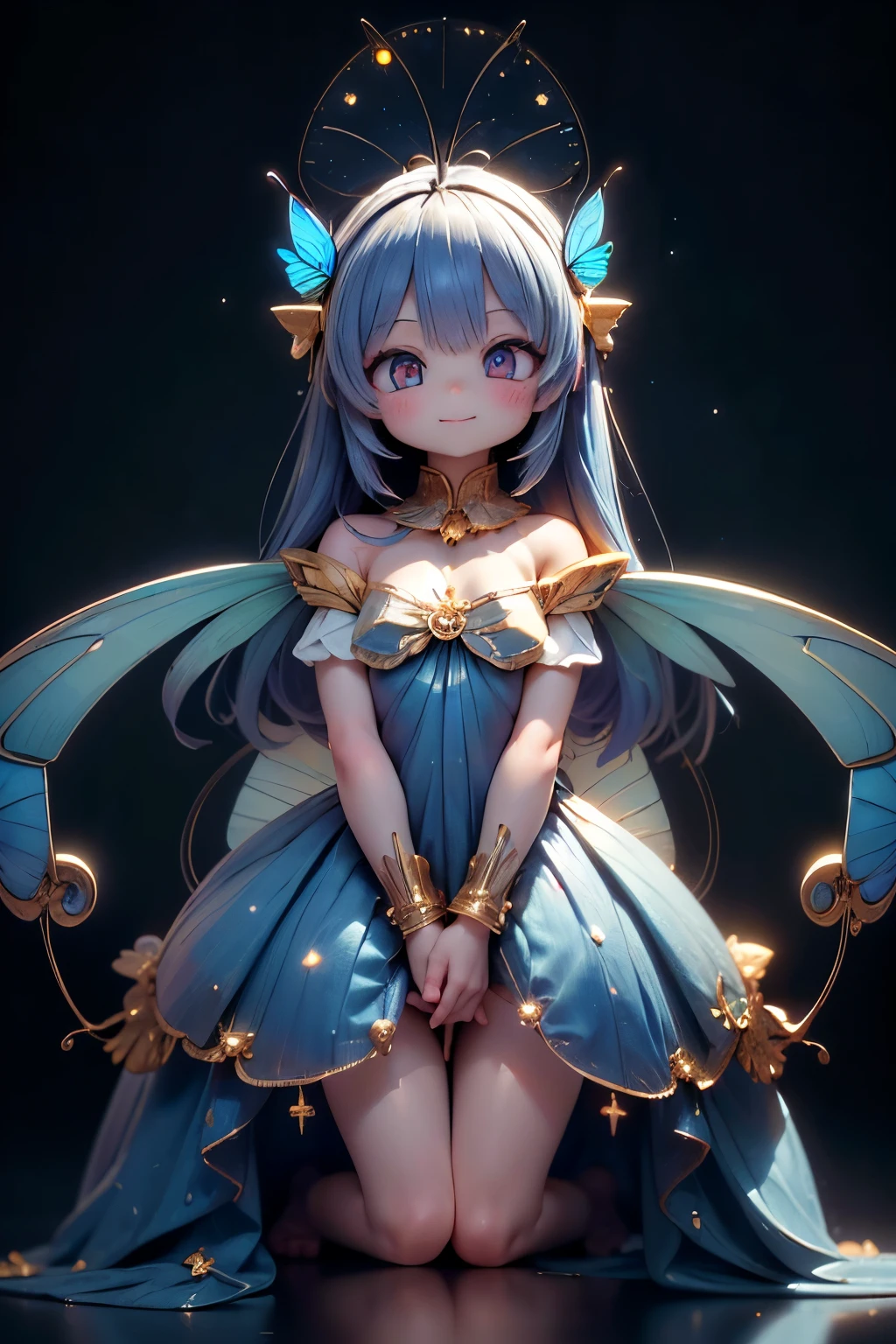 solo,1 Female\(cute, cute,small ,Skin color is white,(eyes that shine like jewels shining in cobalt blue:2.5),(Highlights that sparkle in the eyes, reflected light:1.5),(The cobalt blue semi-long:1.2),(smiling:1.2),(has large morpho butterfly wings growing on its back:1.7),(Beautiful dress in holographic color:1.5),( beautiful race \),(2 butterfly antennae on the hair:1.2),big cute smile,[butterfly wings on the back:2.0],[Butterfly wings on the body:2.0],[Butterfly Wings:2.0],[Extra Arms],Butterfly Wingsは毛の部分にのみある\),(the background is a starry sky and blue moon:1.5),quality\(8k,very detailedCGユニットのwallpaper, masterpiece,high resolution,top-quality,top-quality real texture skin,surrealistic,increase resolution,RAW photo,最高のquality,very detailed,wallpaper, movie lights, Raytrace , golden ratio,\),face close-up,(face light:1.5),(Increase overall color saturation:2.5),