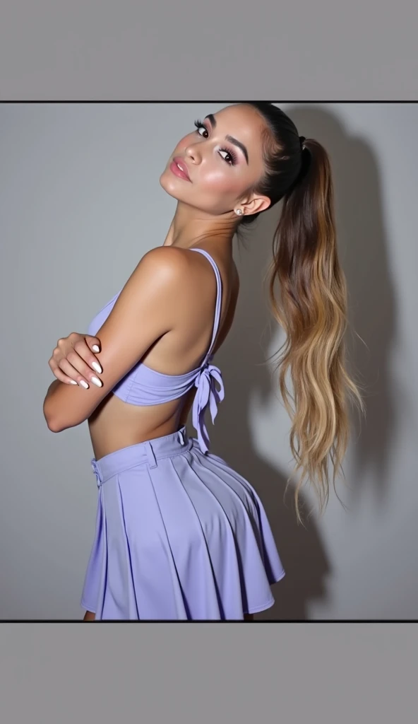 Beautiful Ariana Grande with beautiful eyes and hair in a halter dress with beautiful flowers around it with a beautiful necklace on her neck, big butt, tight dress covering her butt, at night