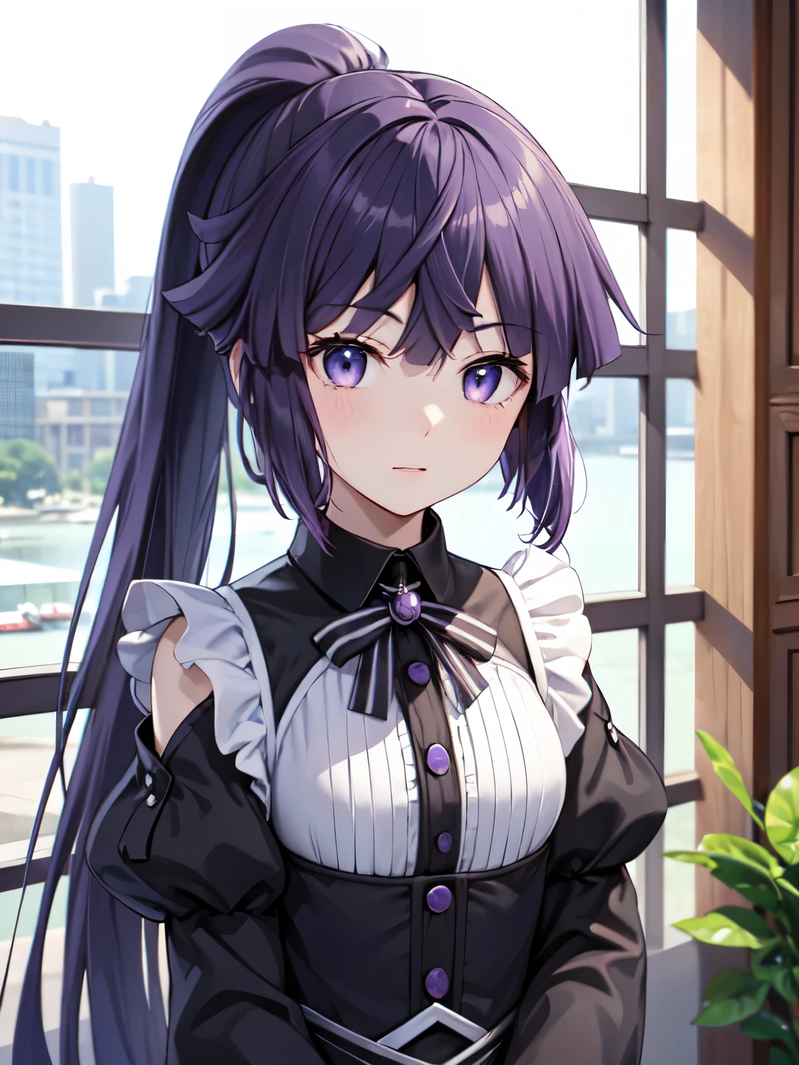 Super Detail、high resolution、very detailed、美しい詳細のgirl、 、Top Quality、Akatsuki、upper body、Three-dimensional、(purple hair close to black on black、shining eyes、Beautiful City Eyes Shining in Seven Colors)、 Bundle Ponytail、 cute 、 アニメのgirl 、 Akatsuki 、 bow 、 masterpiece 、 Top Quality 、 Hi-Res 、 Black and purple hair 、 maid cafe next to the customer 、Fluttering gothic ta clothes、 girl、 cute 、 purple bangs 、 blue eyes 、 髪のbow、Long Ponytail Hair、purple color hair、