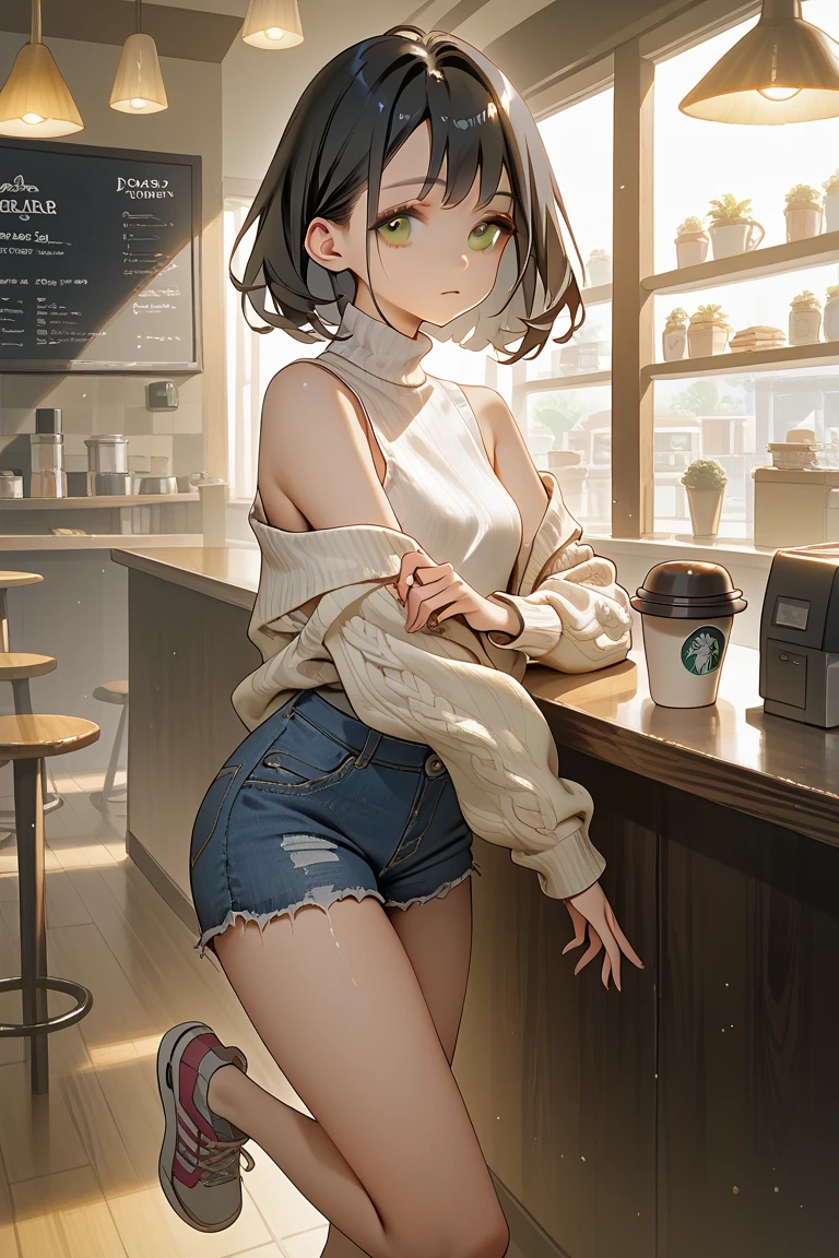 1girl, solo, short hair, bangs, black eyes, black hair, light smile,
grey sweater, collarbone, bare shoulders, bare arms, bare legs,
sitting, shop, storefront, window, display, display case, disposable cup, table, chair, cafe,
wind, hair flowing over, floating hair, outdoors,
