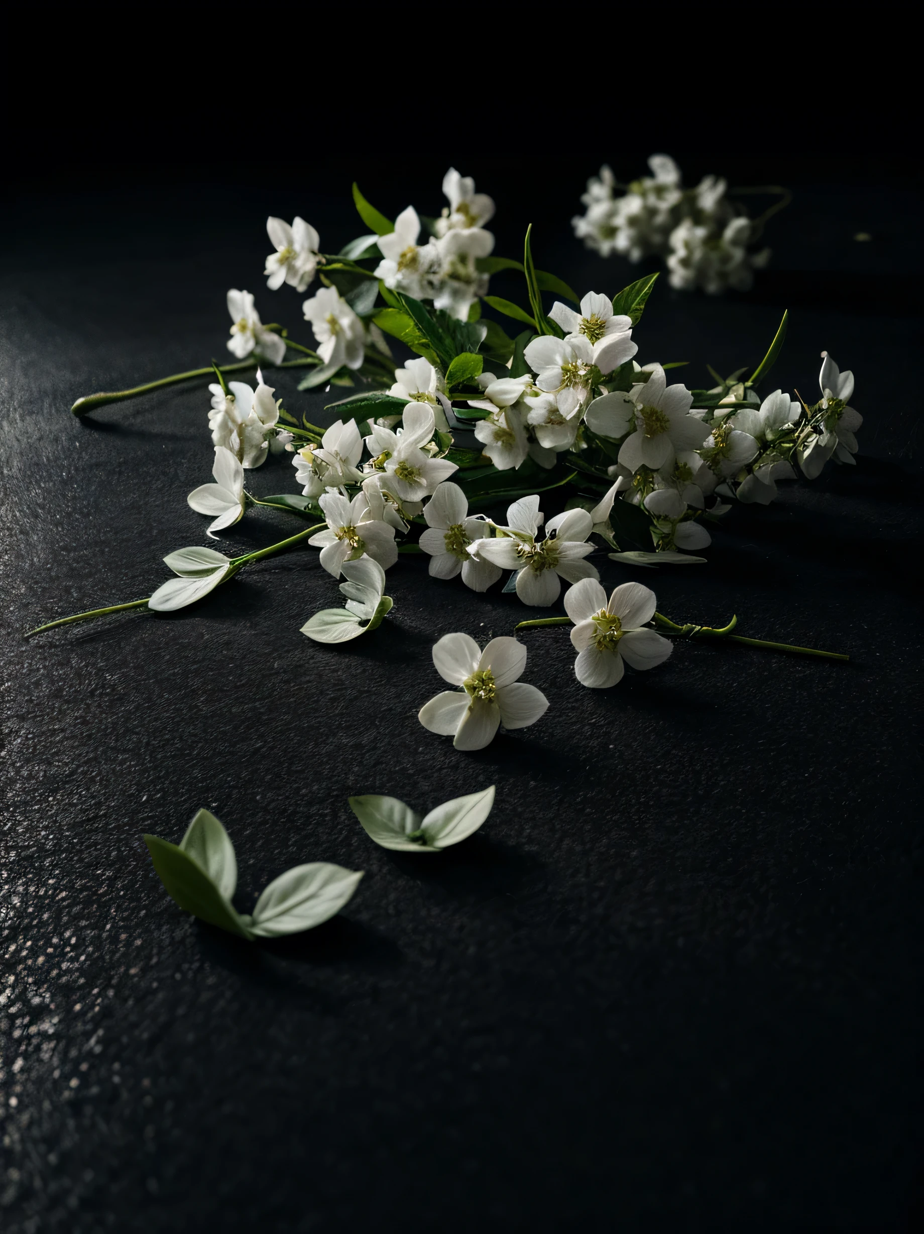 crushed white jasmine, lying on the dark floor, Dark background , authentic, details, 4k, studio lighting, hdr, vivid colors, masterpiece, dark background, virtual dim light, tranquility, deep tones