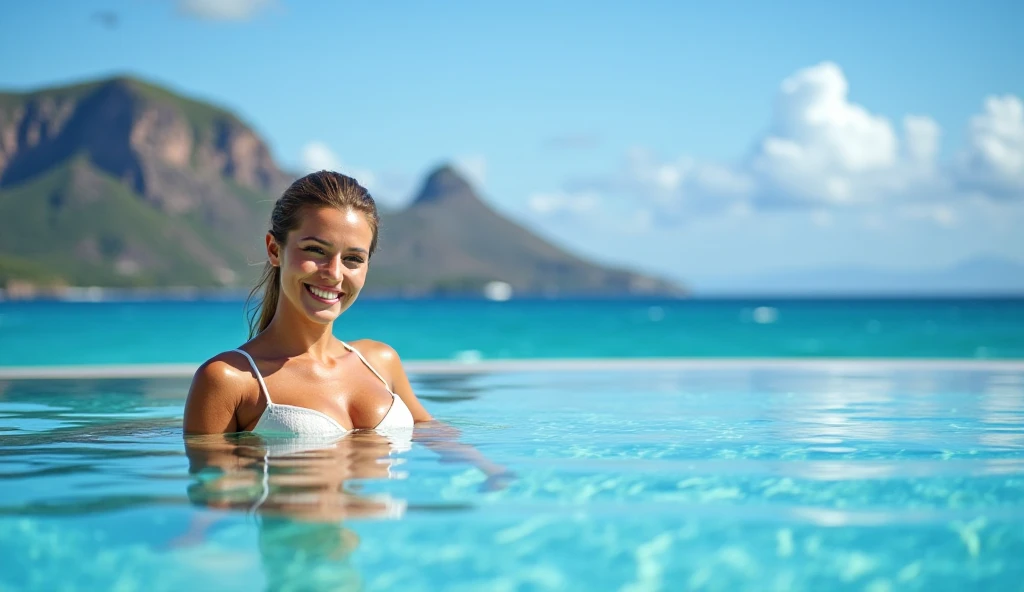 Beautiful women wear blue bikini besides a pool