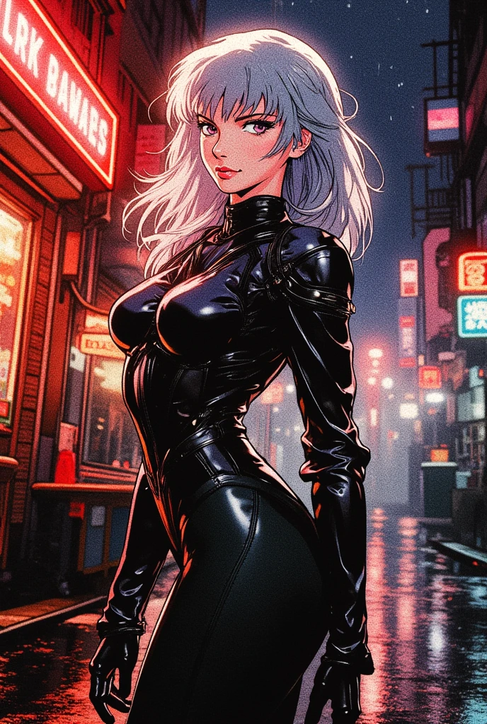 ((Sydney Sweeney)) ((very Sexy)) Create a hyper-realistic digital illustration of Black Cat / Felicia Hardy from Marvel Comics. Depict her in a confident, alluring pose, facing the viewer. Her signature platinum white hair should cascade in voluminous waves around her face and shoulders, with a few strands caught in an imaginary breeze. Dress her in a sleek, black leather catsuit with a plunging neckline trimmed in white fur. The suit should hug her curvaceous figure, emphasizing her athletic build. Include her iconic black domino mask, which accentuates her striking green eyes and full, slightly parted lips. Accessorize with a black choker featuring a silver medallion, and long, white gloves that contrast with the dark suit. Capture the glossy texture of the leather and the soft fluffiness of the fur trim. Set the background as a blurred, neon-lit cityscape at night, with vibrant teals and purples creating a cyberpunk atmosphere. Use dramatic lighting to highlight the contours of her face and body, creating depth and dimensionality. The art style should blend photorealistic rendering techniques with subtle comic book influences, particularly in the dramatic poses and expressions. Pay attention to small details like individual strands of hair, the reflection in her eyes, and the play of light on different textures.