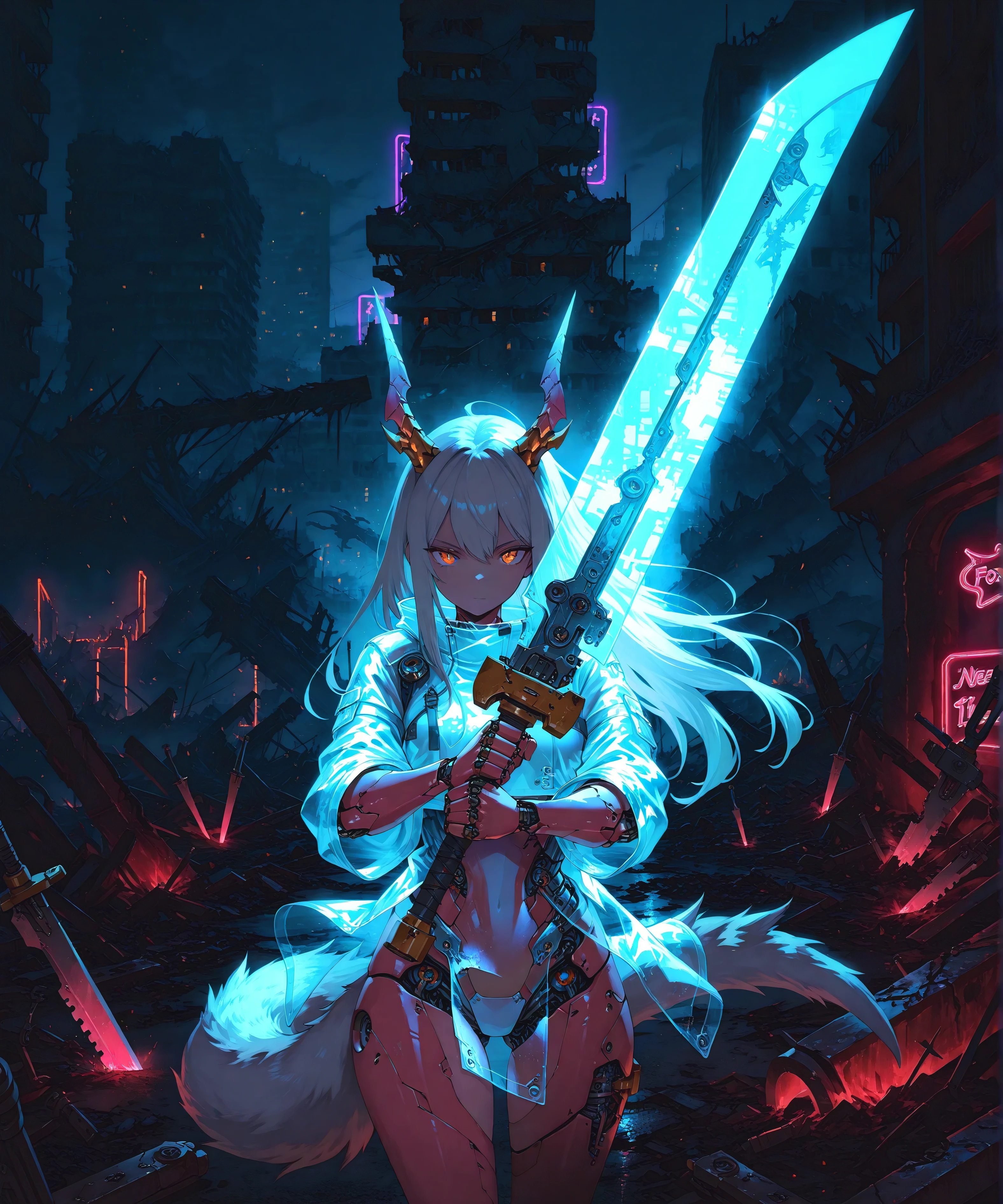 a girl, Masterpiece, Neon lights, night, Battlefield, Ruins, urban landscape, cowboy shot, transparent holographic clothing, transparent waterproof, dragon horns, mechanical glue , mechanical girl, Foxtail, Holding Two-Handed Sword, huge weapon, final funnels, pose, brilliant, dark,
