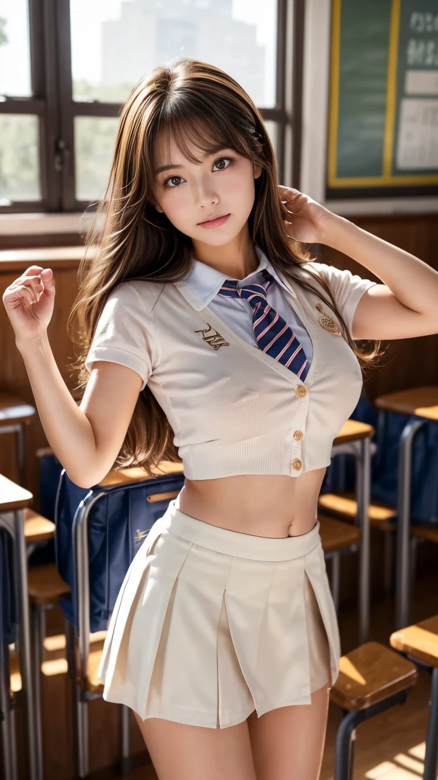 (2 girls brown hair, Amazing face and eyes, Pink eyes, (High school uniform with wide open chest:1.3), Beautiful big breasts, bared  chest, (amazingly beautiful girl), Brown hair, (High School Uniform, Pleated mini-skirt:1.5), ((Best Quality)), (Ultra-detailed), (extremely detailed CG unified 8k wallpaper), Highly detailed, High-definition raw color photos, Professional Photography, Sitting, Legs wide open, (((Bokeh))), depth of fields,