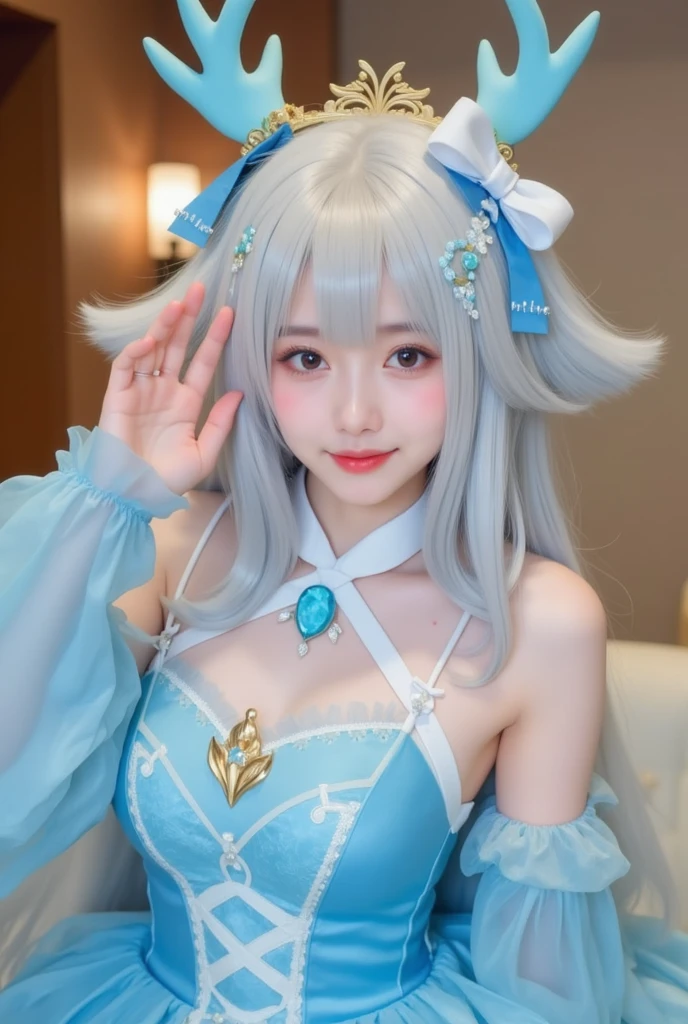 One girl, alone, main office, :D, Aqua Eye, Bare shoulders, Bell, Mouth closed, collar, tooth, From the side, hair Bell, Hair between the eyes, hair ornaments, Holding, Long Hair, Look to the side, neck Bell, Open your mouth, smile, Upper Body, Gray Hair,