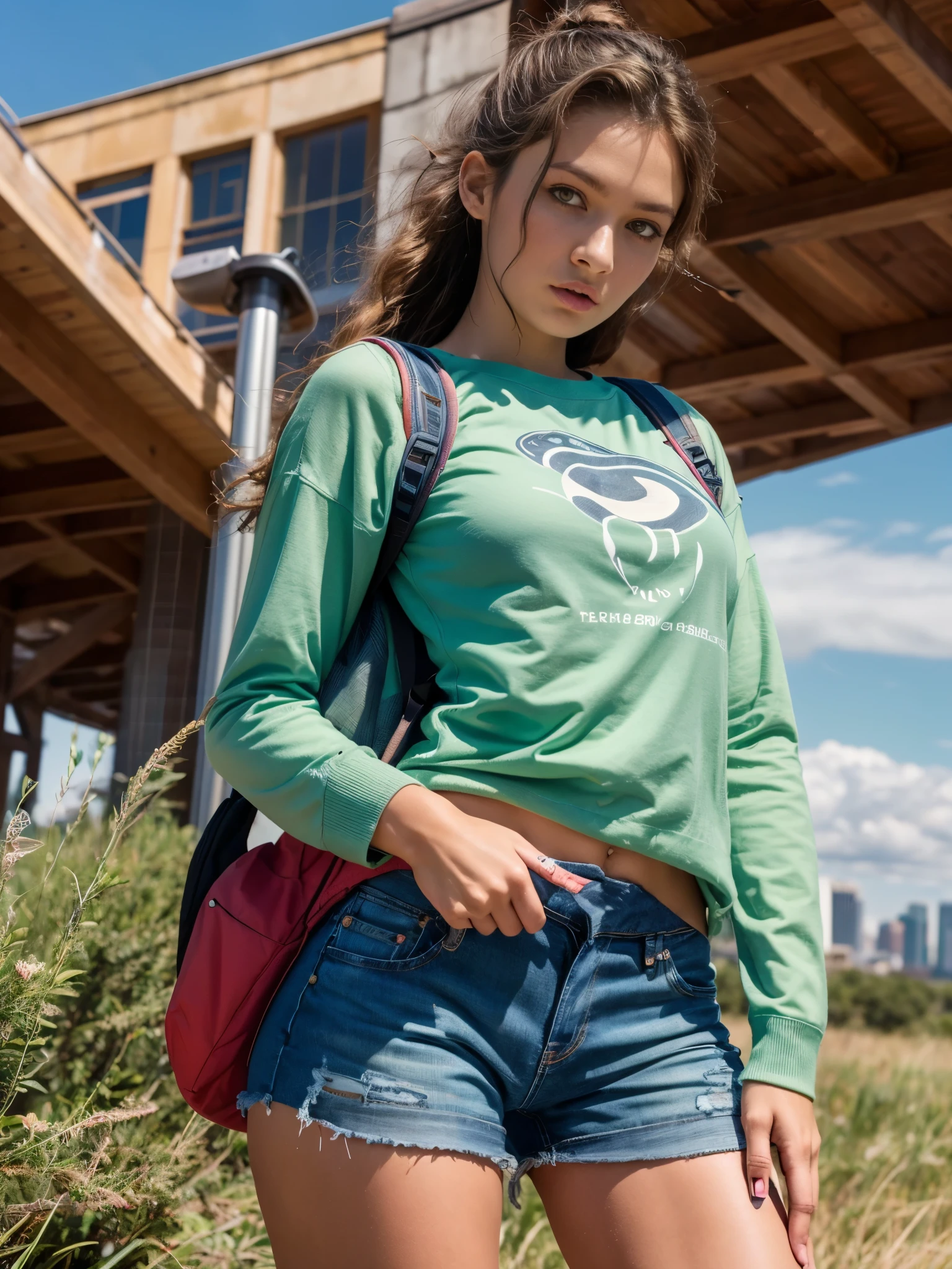 The vast sky, beautiful skyline, large grasslands, extremely tense and dramatic pictures, moving visual effects, the high-hanging Polaris, and colorful natural light. Long-sleeved top, denim shorts, and a girl with a backpack.