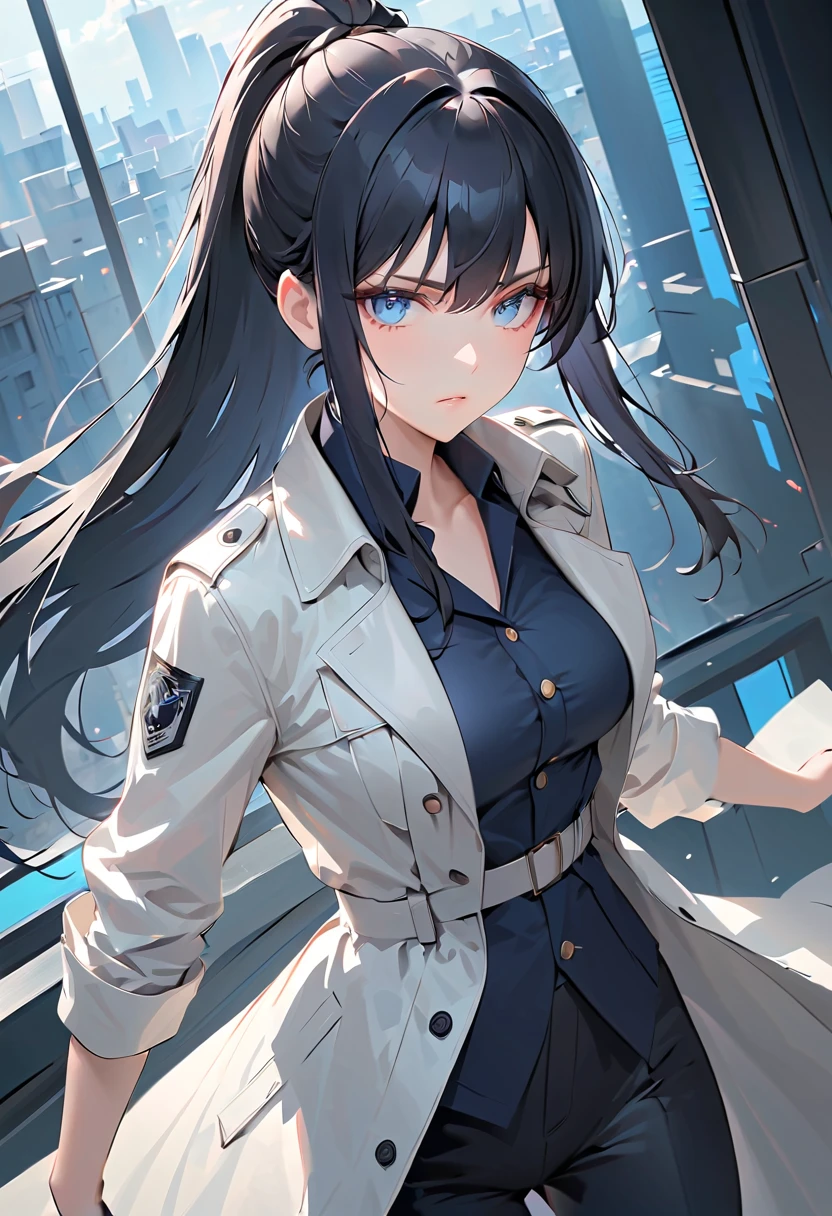 1girl,white trench coat jacket, blue eyes, tall, long black hair, serious eyes, ponytail hair, cowboy shot, dynamic angle, glass