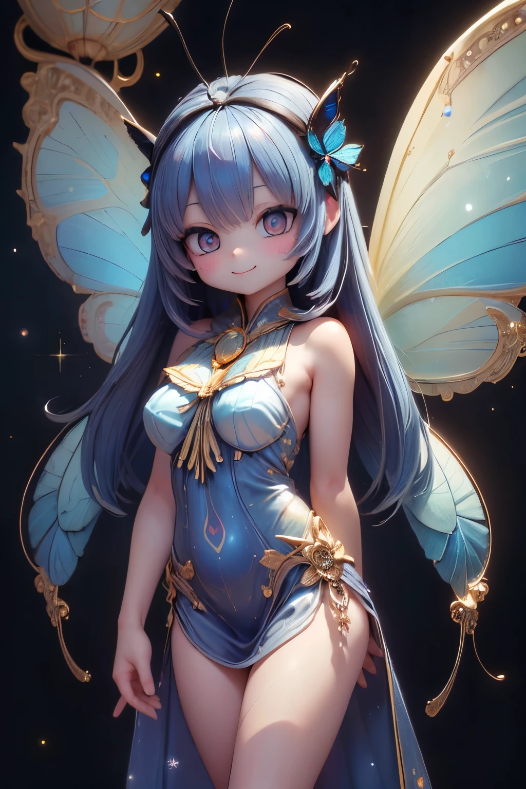 solo,1 Female\(cute, cute,small ,Skin color is white,(eyes that shine like jewels shining in cobalt blue:2.5),(Highlights that sparkle in the eyes, reflected light:2.5),(The cobalt blue semi-long:1.2),(smiling:1.2),(has large morpho butterfly wings growing on its back:1.7),(Beautiful dress in holographic color:1.5),( beautiful race \),(2 butterfly antennae on the hair:1.2),big cute smile,[butterfly wings on the back:2.0],[Butterfly wings on the body:2.0],[Butterfly Wings:2.0],[Extra Arms],Butterfly Wingsは毛の部分にのみある\),(the background is a starry sky and blue moon:1.5),quality\(8k,very detailedCGユニットのwallpaper, masterpiece,high resolution,top-quality,top-quality real texture skin,surrealistic,increase resolution,RAW photo,最高のquality,very detailed,wallpaper, movie lights, Raytrace , golden ratio,\),face close-up,(face light:2.5),(Increase overall color saturation:2.5),(cowboy shot:1.5),