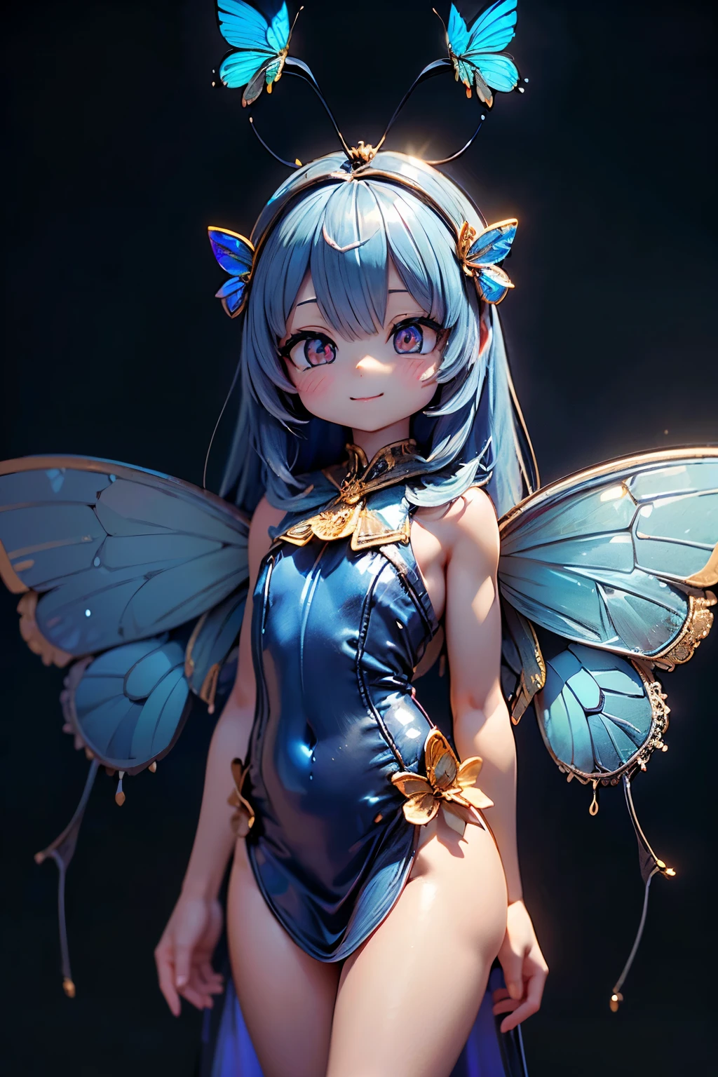 solo,1 Female\(cute, cute,small ,Skin color is white,(eyes that shine like jewels shining in cobalt blue:2.5),(Highlights that sparkle in the eyes, reflected light:2.5),(The cobalt blue semi-long:1.2),(smiling:1.2),(has large morpho butterfly wings growing on its back:1.7),(Beautiful dress in holographic color:1.5),( beautiful race \),(2 butterfly antennae on the hair:1.2),big cute smile,[butterfly wings on the back:2.0],[Butterfly wings on the body:2.0],[Butterfly Wings:2.0],[Extra Arms],Butterfly Wingsは毛の部分にのみある\),(the background is a starry sky and blue moon:1.5),quality\(8k,very detailedCGユニットのwallpaper, masterpiece,high resolution,top-quality,top-quality real texture skin,surrealistic,increase resolution,RAW photo,最高のquality,very detailed,wallpaper, movie lights, Raytrace , golden ratio,\),face close-up,(face light:2.5),(Increase overall color saturation:2.5),(cowboy shot:1.5),