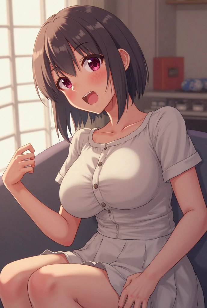 Girl kneeling while sticking out her tongue and on her tongue there is a thick , she has a face of pleasure and is blushing, she has a white shirt that is a little transparent, she has short shorts, she has short black hair, she has big breasts, thighs and butt, she is licking a man's penis