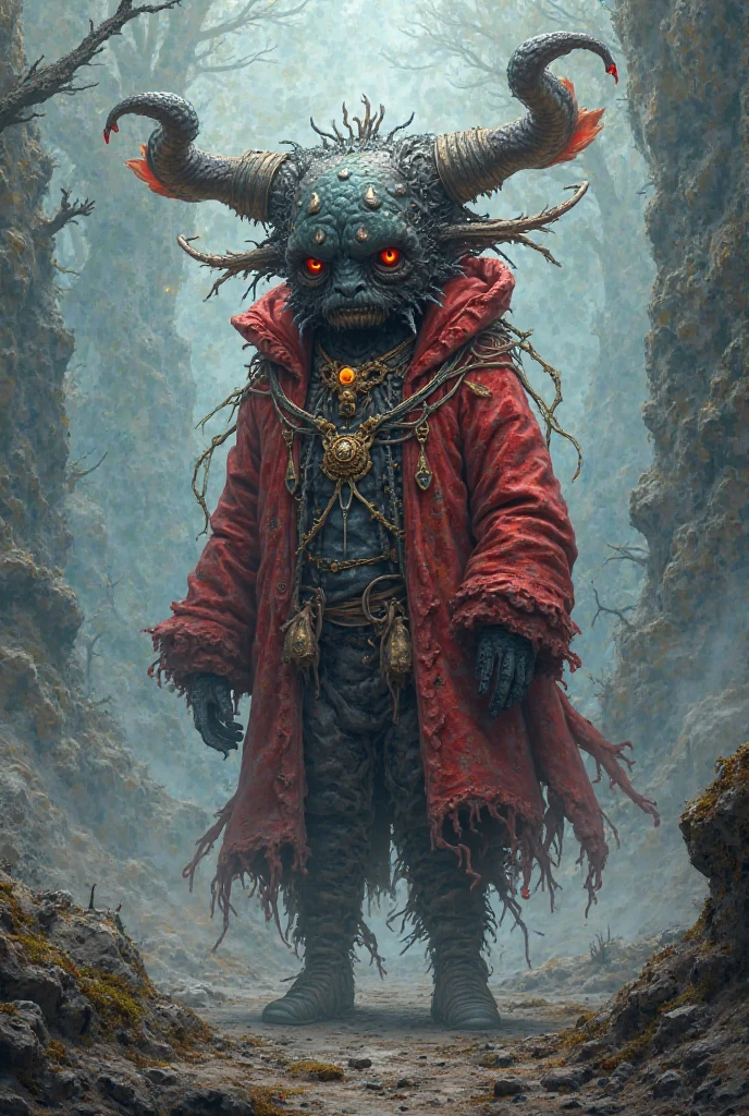 Personnage avec une cornemuses qu'il tient sur luis une tête rouge avec une clarinette en nez des yeux rouges avec du blanc des jambes avec du noir est du blanc des clarinette en épaule des bars rouges des main un corps rouge clair noir est blanc est que s'est un monstre musiciens qui est dangereux