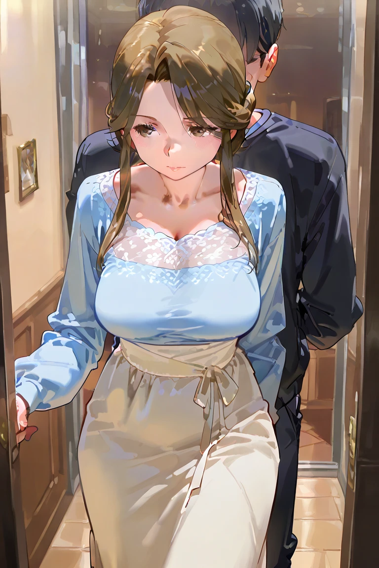 mother ys wife, tomoe, bulky woman in casual clothes being grabbed from behind while looking forward mockingly , With bully in the back, Looking ahead with debauchery