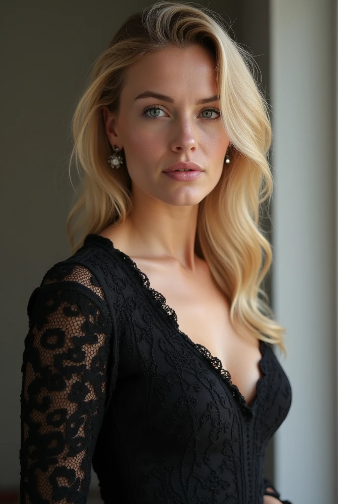 1woman, mature, blonde hair, blue eyes, medium breasts:1, black lace bodysuit, simple background,