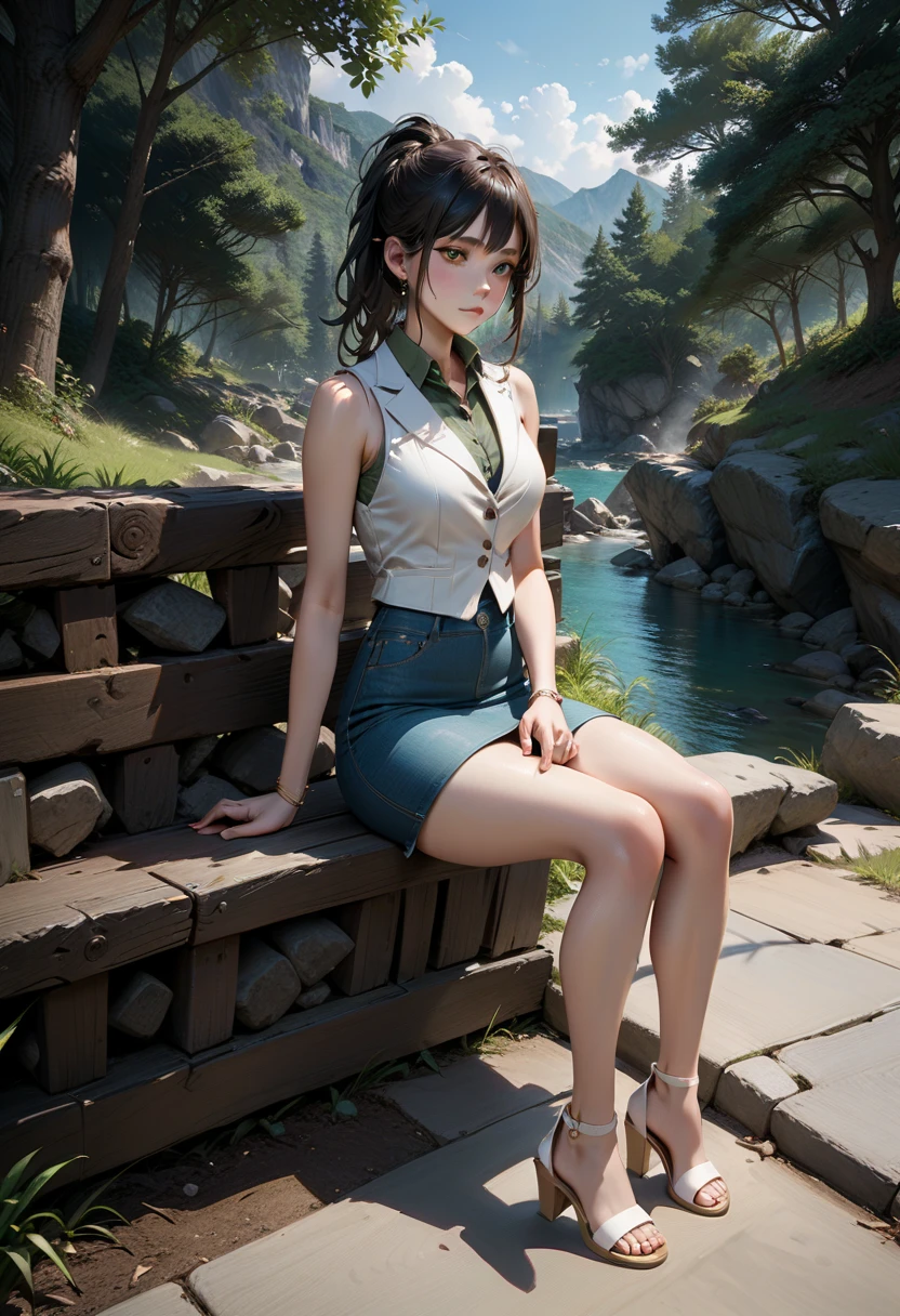 (Masterpiece, highest quality, highest resolution, distinct_image, very elaborate CG, cinematic lighting, ray tracing, drop shadows, detailed detail, (photorealistic: 1.4), high quality textures, fine-grained, realistic face expression): (lone girl, face is Japan, brown short hair, small size breasts, sparkling eyes, Eye level shot, happy smile, beauty, slim body, holiday, knee-length skirt, white shirt with collar, leather vest, cardian, handgun holder, carrying leather back on back, long boots, tie, fresh green season, sunny day with good climate, green park, lush trees, wide lawn, promenade in park, flower beds blooming, Swing ride, street, fountain, active angle)