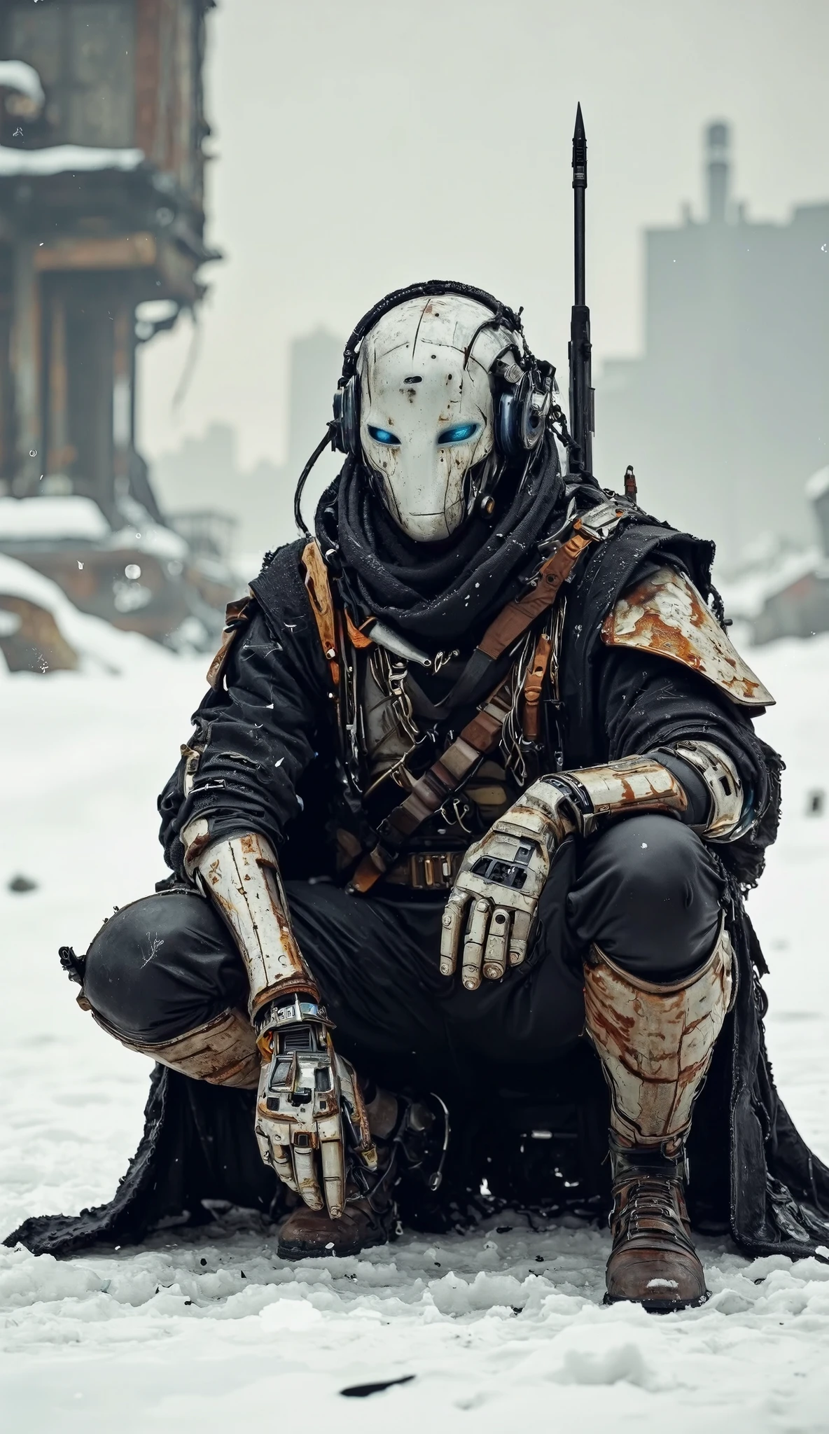 The Recypu, cyberpunk is very detailed, high-quality photography. futuristic, armored warrior, squatting on a grainy, deserted snowy plain. The subject's head is covered with smooth, metal helmet, face concealer , prosthesis, creates an ominous, robotic appearance. , the helmet is decorated with various sensors and neon blue streams light from the power core, uses advanced. The warrior's body is dressed in a full set of advanced, high-tech armor, , , mostly made made of a mixture of metal and synthetic materials. The armor is highly detailed with intricate chains, joints, and mechanical components , indicates the intertwining of advanced robotics and cybernetics in a biomechanical system. , the suit is mostly black with shades of dark gray and silver, and he is decorated with various pouches, belts, и утилитные belts, suggesting a high level of tactical equipment. The warrior's left arm is stretched forward, demonstrating a complex, mechanical prosthesis with multiple fingers and advanced articulation. right hand lies on the knee, style, also with the, which seems more organic, possibly biological. on the warrior's back is a brown-handled machine gun, adding to the military aesthetic. In the back The plan shows the industrial , urban environment with a blurred, metal structures and gray sky, emphasizing the harsh, post-apocalyptic setting . The general mood is intense and futuristic. SentinelBot. apocalypse