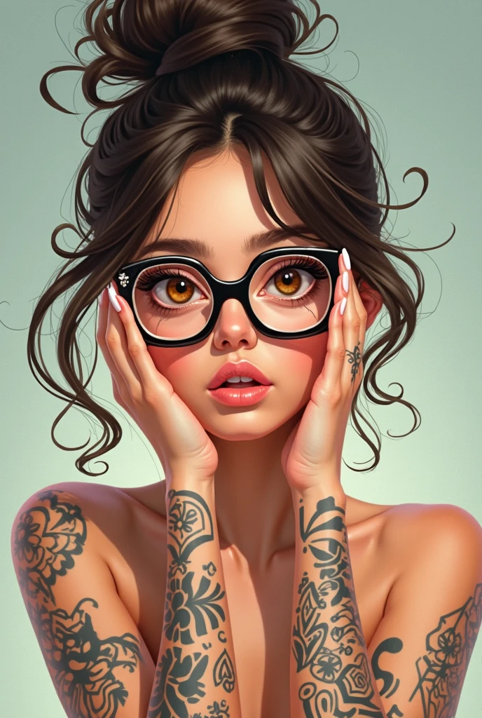 1beautiful nerd girl, big breasts, white t-shirt, tattoos, abstract background graffitti