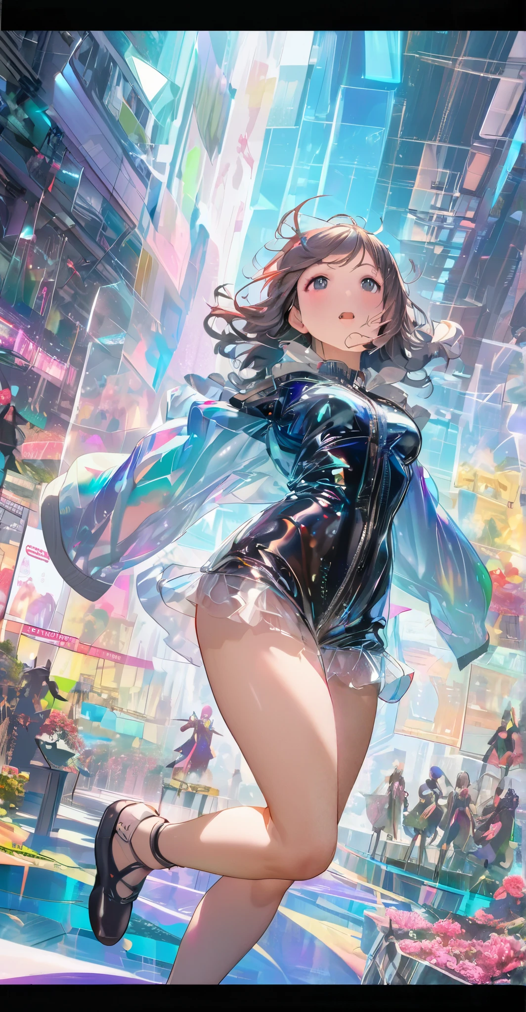 (((Sexy dancer))), ((Sexy and cute futuristic costume)), (((skirt))), (skindentation), skinny, solo, (1 sexy woman), Masterpiece, highest quality, highest quality, 16K, incredibly absurd, highly detailed, 2.5D, ai-generated, delicate and dynamic, very delicate facial expressions, delicate eye depiction, erotic, only sexy woman, ((A cute and kind face)), healthy figure, ((25-year-old woman)), 160cm tall, medium firm swaying bust, blush, Sweat,Embarrassed,sexy, ((thin thighs)), ((shiny and lustrous)), facing straight at viewer, smile, Future City, daytime, bright, dutch angle, sexy, (Metallic costume:0.1), sexy pose,