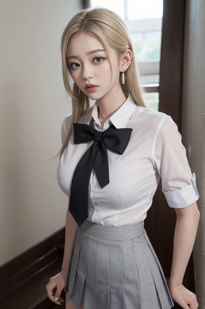 Korean school uniform, summer school uniform shirt, ribbon tie, skirt, school classroom, school stairs, chest thrusting pose, 8K RAW photo, high resolution, cool Korean at 17 years old, very big round breasts, cleavage, beautiful eyes in detail, long eyelashes, beautiful double eyelids, eyeshadow, eyeliner, slender eyes, elongated eye shape, sanpaku eyes, evil smile, evil expression, beautiful and very thin legs, beautiful and very thin thighs, random short hair, hair tied behind the head, earrings, bright blonde,