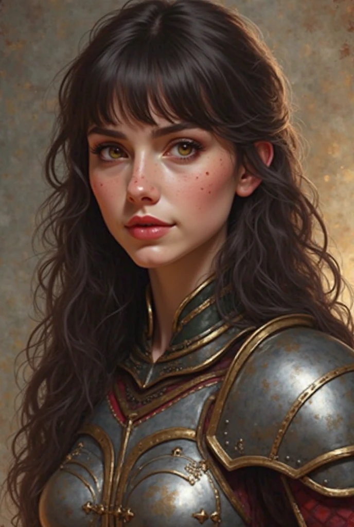 28-year-old princess, of a female gender and a medium build.  with soft facial features , with honey-colored and expressive eyes, straight nose and medium lips with a reddish hue.  Her hair is dark brown, wavy and reaches the waist, with bangs that cover part of the forehead.  Her skin tone is light and has a small mark near the nose. Her body is regular. She wears armor and a slightly sword worn by war.