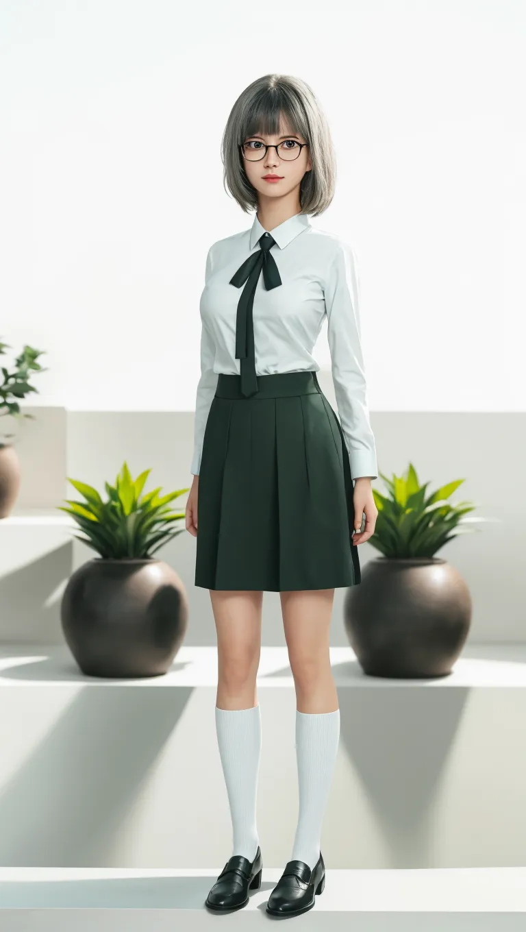 masterpiece,
high quality,
32k,
hyperrealism,
soothing tones,
muted colors,
high contrast,
soft light,
sharp,
artistic photoshoot,
petite body, petite face, hands, feet,small breasts,adolescence,cute,slender,european, eyes,pale cheeks,square face shape with angular jaw,natural "no-makeup" makeup,( __NW/NW blonde hair__ hair ), looking at viewer,spiral braid hairstyle,
wearing satin button-up shirt,pleated skirt and heels,