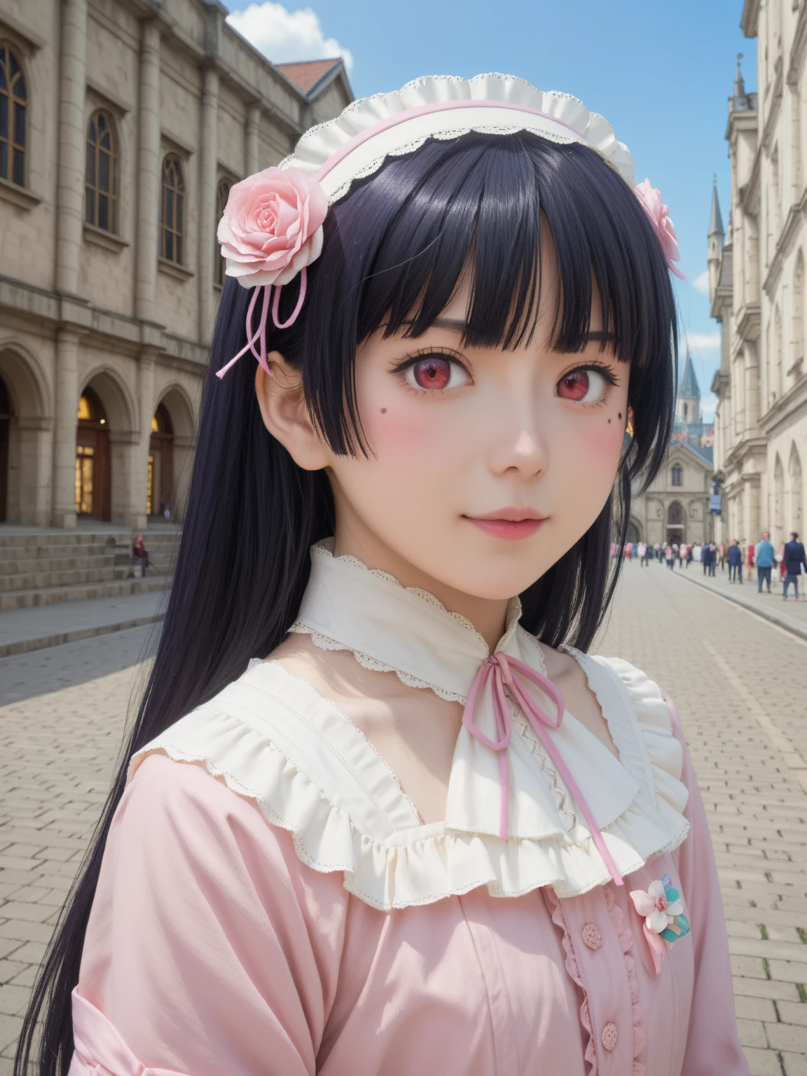 (Highly detailed CG Unity 8K wallpaper), (masterpiece), (highest quality), (Super detailed), (best illustration), (best shadow), (confused), 1 girl, alone, ruri gokou, parted lips, realistic, field, Japanese, Gothic Lolita, lolita fashion, head band, princess cut,