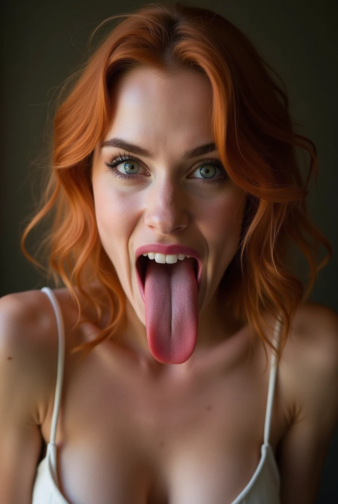 Please create a portrait photo of Scarlett Johansson with bright hair. In the photo, have her sticking her tongue out fully, extending it down toward her chin. The tongue should be stretched out as far as possible, reaching toward her chin for a playful and expressive look.