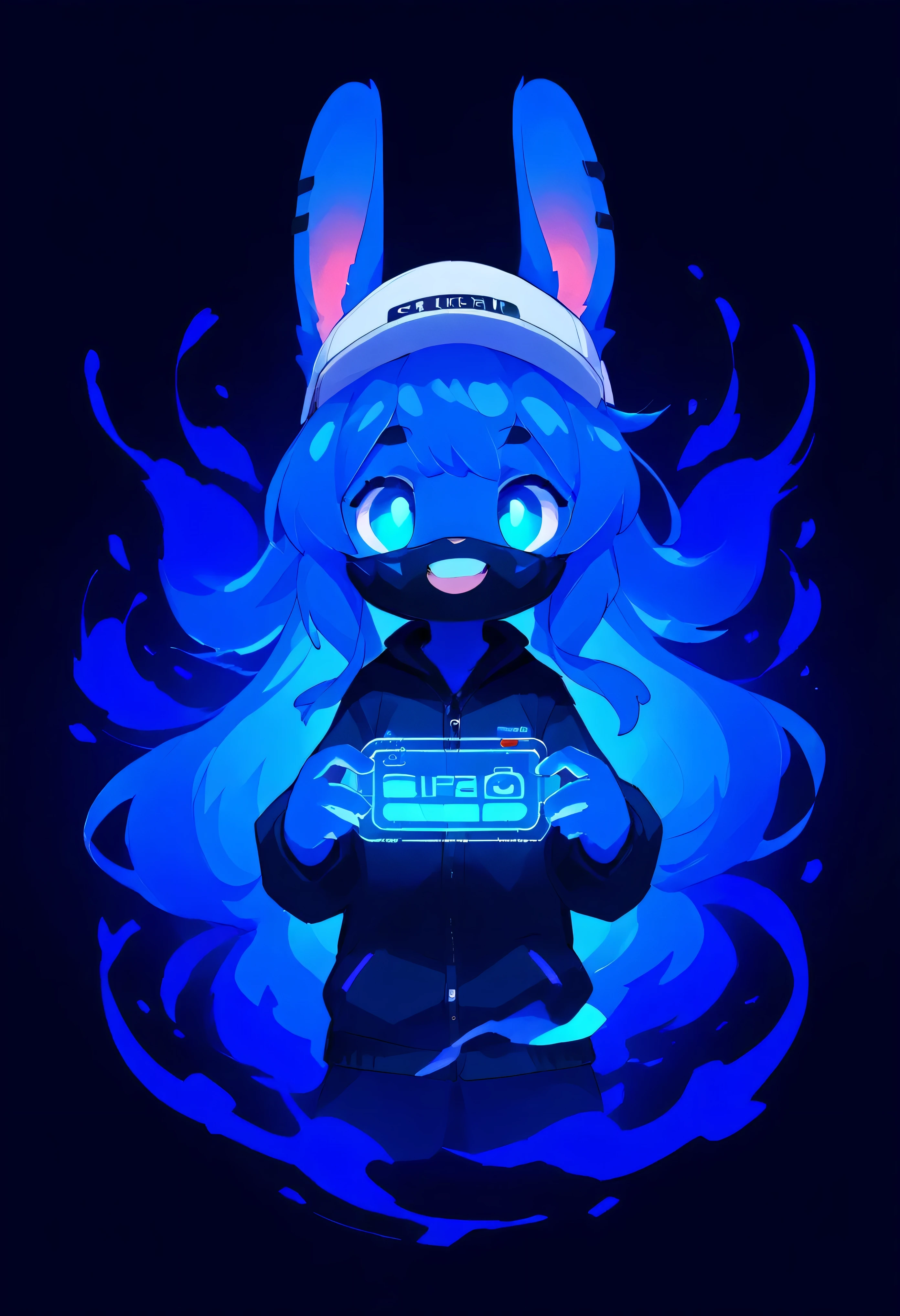 [KuroRabbi🐰] [Cyber 👾 Style Draft 2 Test*] -black background,ultra detailed(sketch:1.2),graphite,(monocolour:1.3), solo, score_9,score_8_up,score_7_up,score_6_up,score_5_up, ,, highres,8k,official art, solo, (KuroRabbi, rabbit, anthro, DTkr, furs, buckteeth, slender, blue fur, paw), looking at viewer, wearing futuristic cyber Japanese clothing, glowing eyes, wearing black_mask, wearing white cap, long white_hair, emo_hair white, cyber_holograms, cyber_gun, hologram effects, hologram ritual, glowing, 