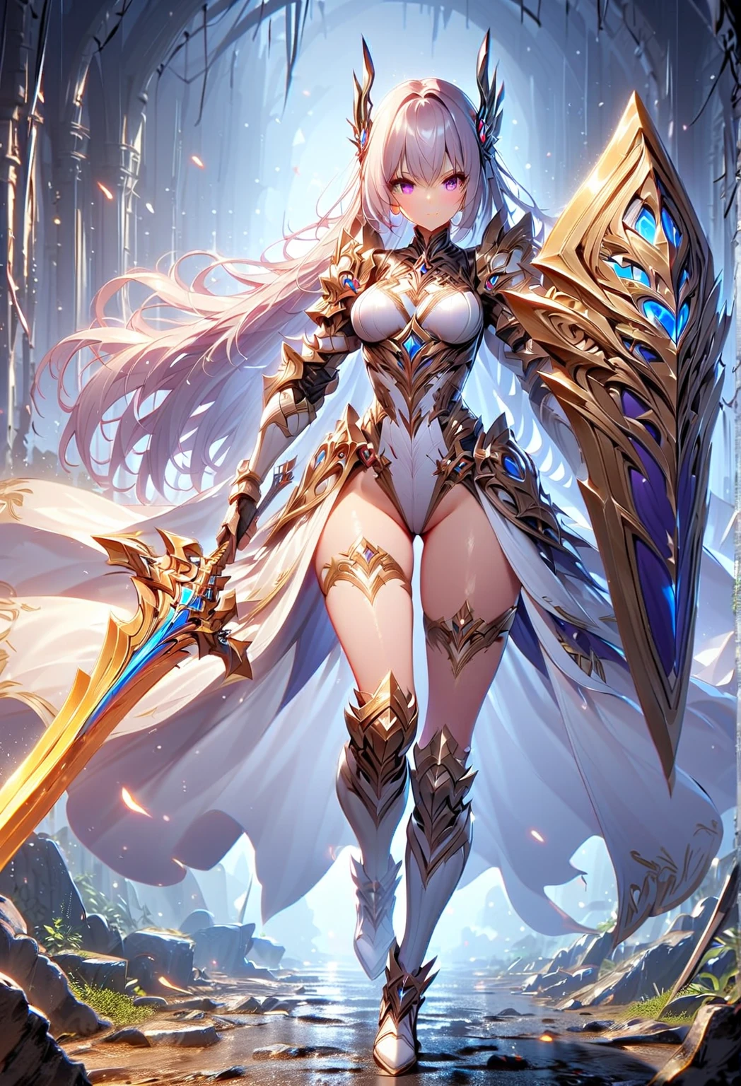 A female knight recognized by the legendary holy sword Excalibur、With the protection of the spirit of light, it emits an aura of light.、8k.Half Russian and half Japanese、Russian face、beautiful girl、A princess with the title of Dragon Slayer、、Small face、Young face、Big eyes、Skinny、Small breasts、(((Silver Hair、Silver Hair)))、With bangs、(((High resolution big beautiful light blue glowing eyes, )))、Shortcuts、Bobcut、(((Red ribbon in hair、Floral decoration)))、Partially braided、Transforms into an armored knight at the call of the holy sword Excalibur.、Large sword、A holy sword that emits a pale blue light、((god々He holds up his sword, shining a deep blue, to the sky.))、god々A sword that shines brilliantly、Magic Sword Light Shield、Armor of Light、fantasy landscape、Fantasy、(Battle with the Dark Knight、Fighting the Demons、Fighting the beastmen)A dragon knight riding a flying dragon through the sky、The sword swings down, leaving a trail of light in its wake.