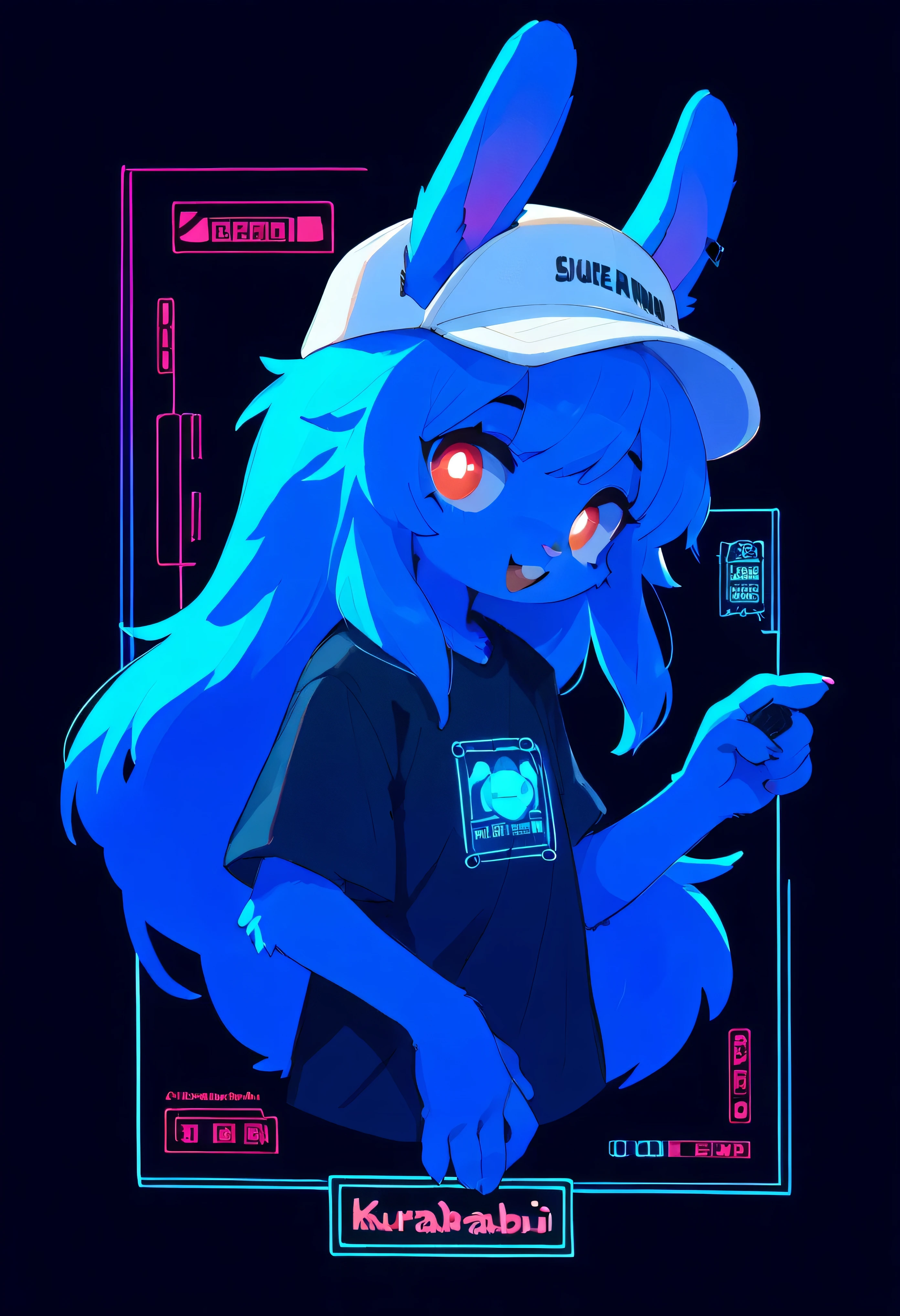 [KuroRabbi🐰] [Cyber 👾 Style Draft 2 Test*] -black background,ultra detailed(sketch:1.2),graphite,(monocolour:1.3), solo, score_9,score_8_up,score_7_up,score_6_up,score_5_up, ,, highres,8k,official art, solo, (KuroRabbi, rabbit, anthro, DTkr, furs, buckteeth, slender, blue fur, paw), looking at viewer, wearing futuristic cyber Japanese clothing, glowing eyes, wearing black_mask, wearing white cap, long white_hair, emo_hair white, cyber_holograms, cyber_gun, hologram effects, hologram ritual, glowing, 