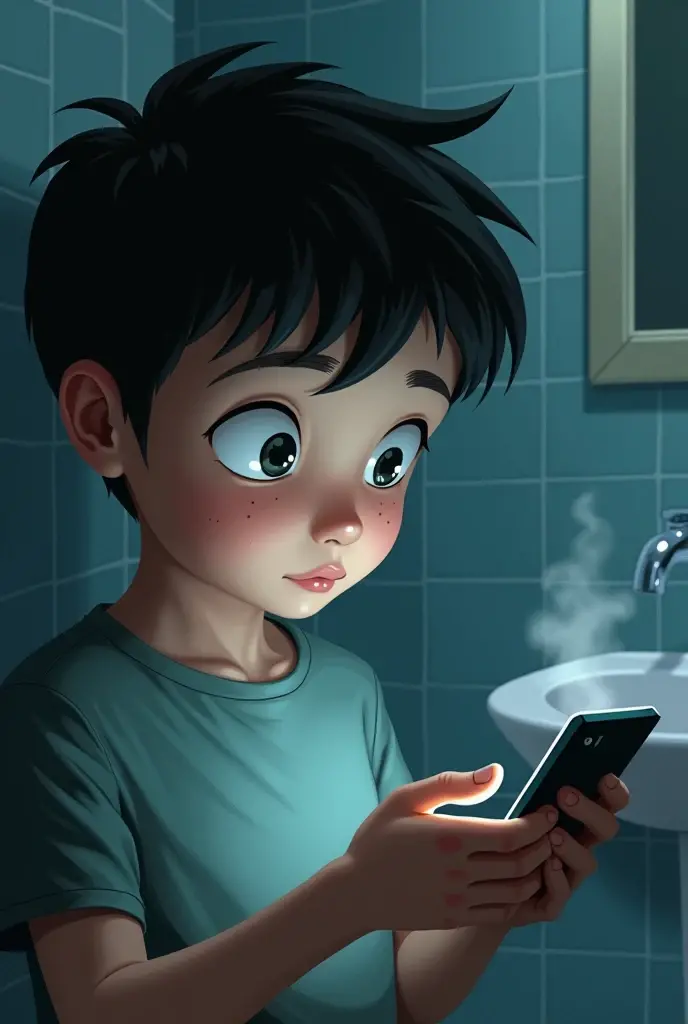 A boy using cell phone in bathroom