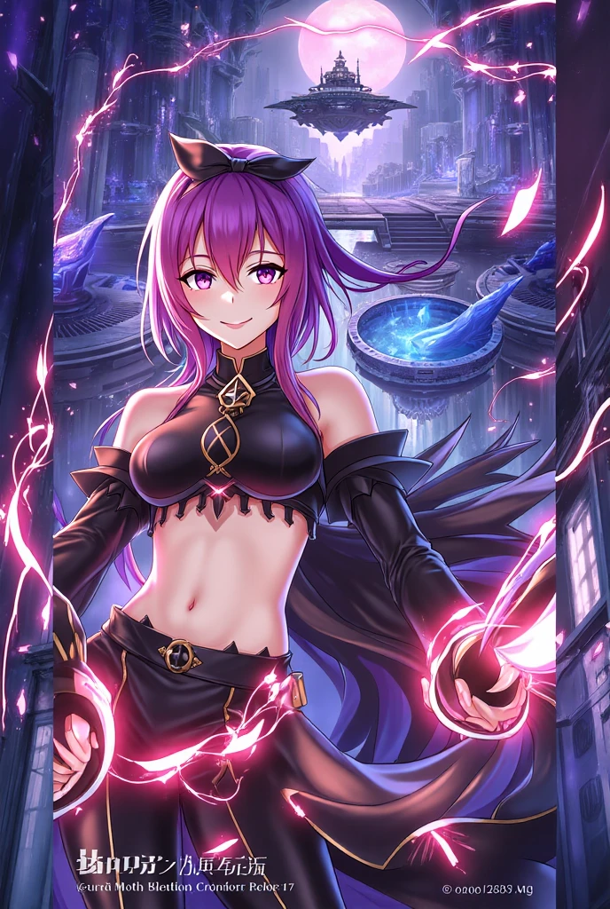 Short purple hair emo girl with purple eyes and elf ears short hair dressed as haughty and attractive sorceress floating on water surrounded by electricity warrior genshin impact Character design