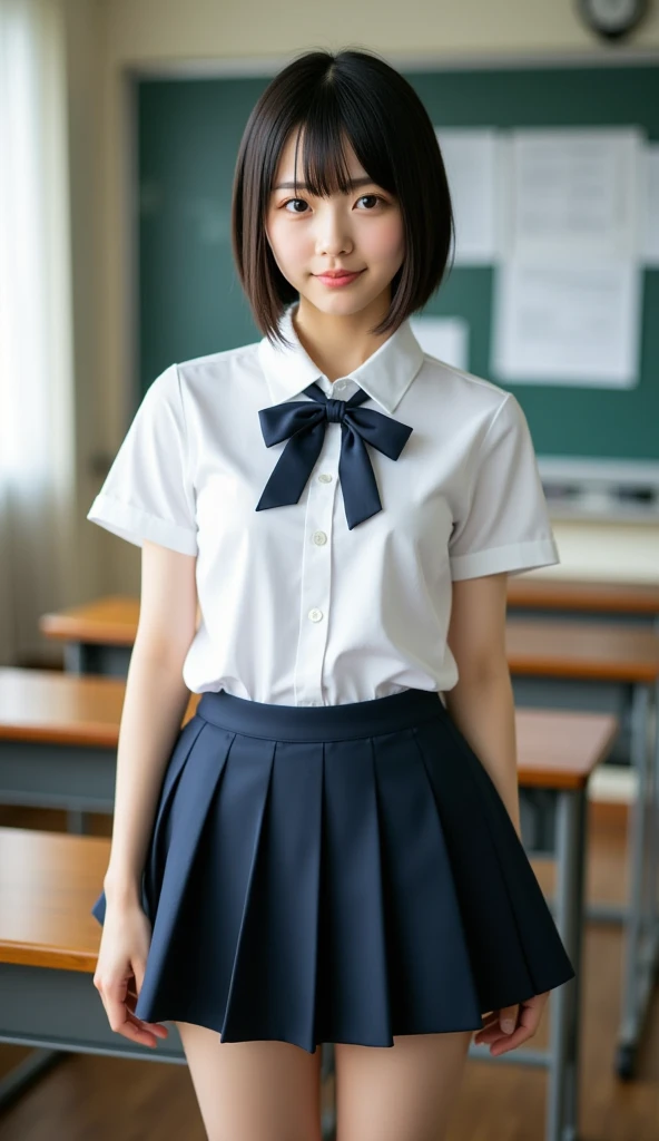 (masterpiece:1.2), Japanese, (18-year-old), (girl),  ((Collared shirt)), (skirt), smile, Bedroom, Thighs, ((small face)), (bow tie), Hair Bun, walking, 